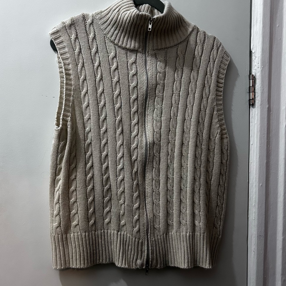 Beige Cable Knit Turtleneck Sweater Vest with zipper